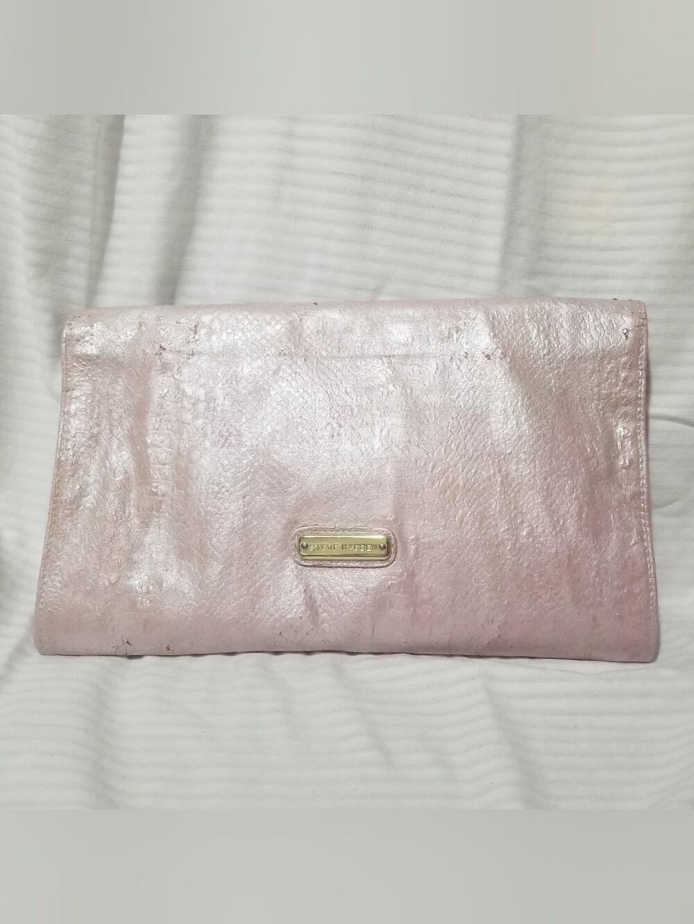 Steve Madden Metallic Blush Pink Faux Leather Clutch with Gold Plate And Trim
